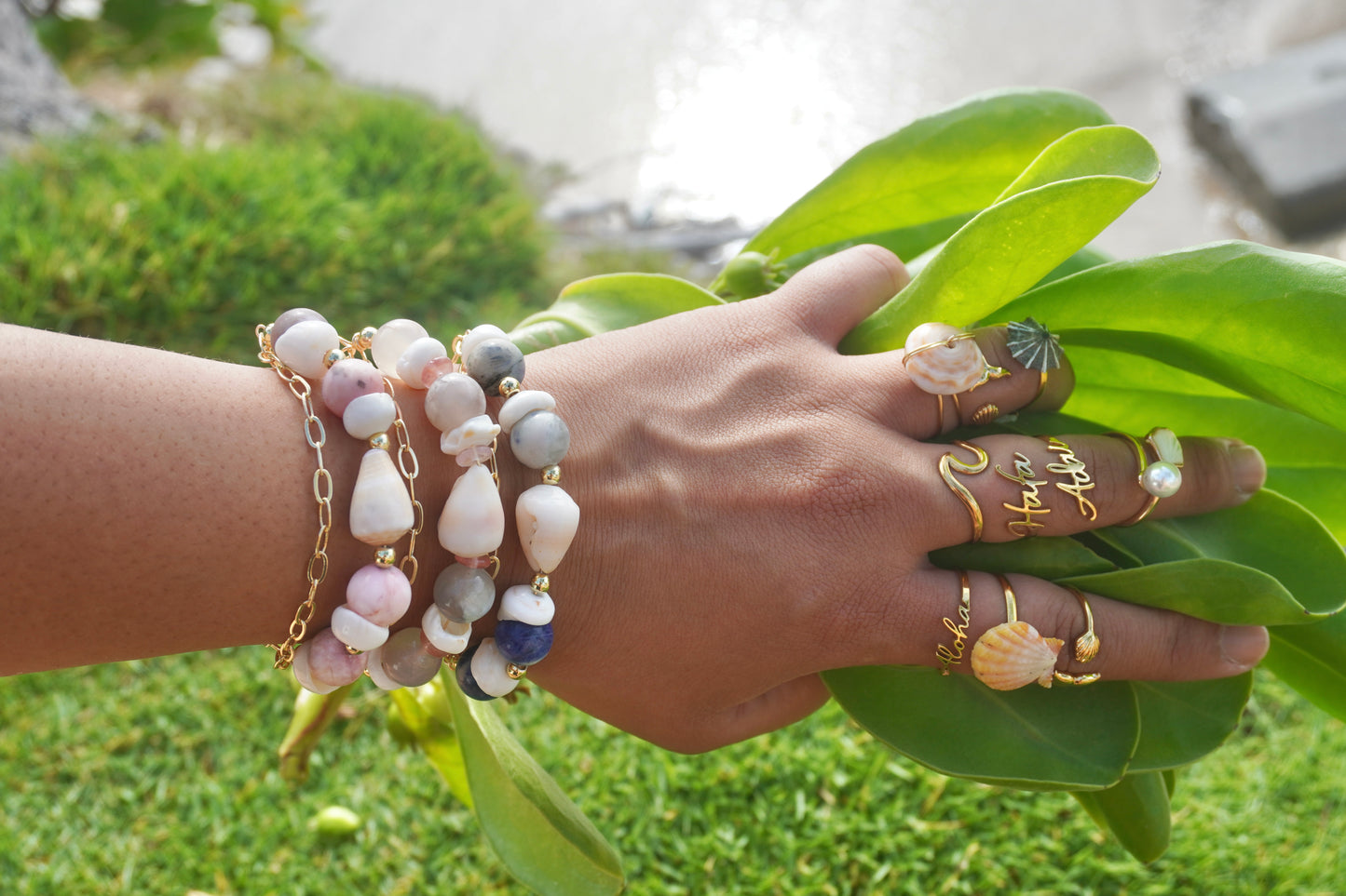 Double Layered Gemstone & Shells Adjustable Bracelets
