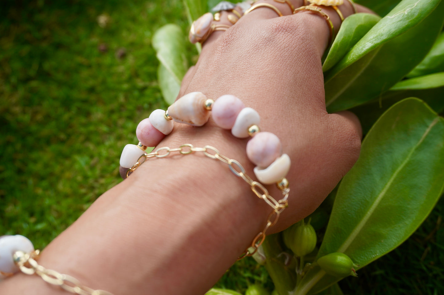 Double Layered Gemstone & Shells Adjustable Bracelets