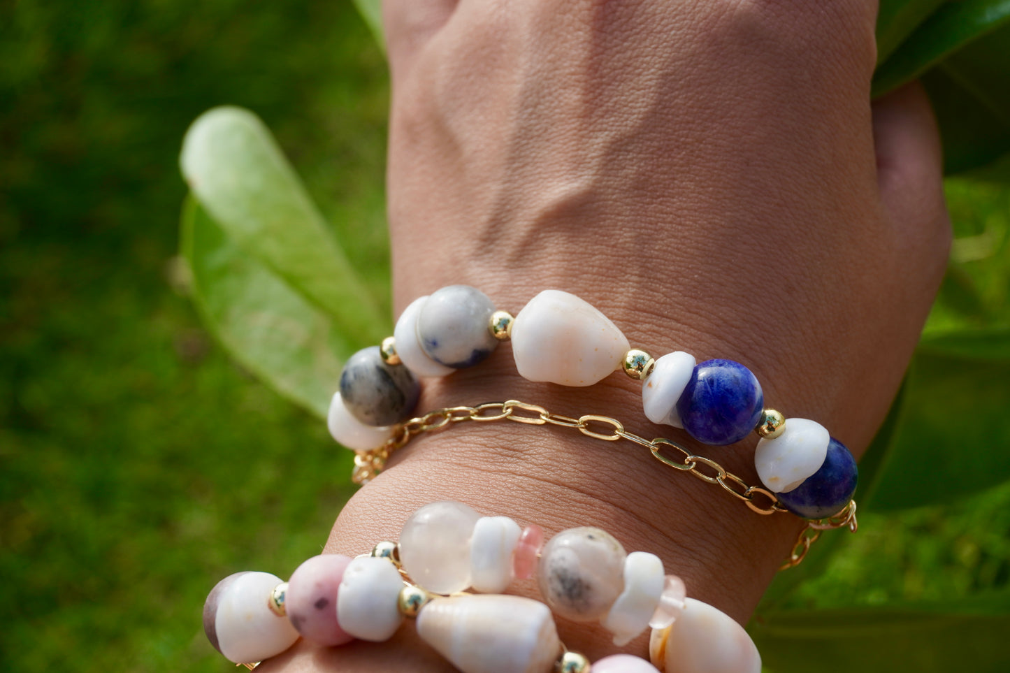 Double Layered Gemstone & Shells Adjustable Bracelets