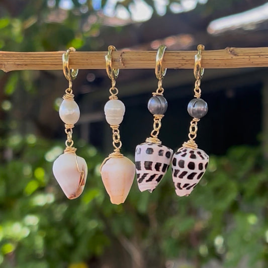 Chunky Pearls & Shells Huggies (Earrings)