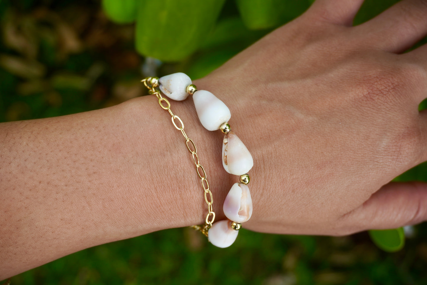 Double Layered Gemstone & Shells Adjustable Bracelets